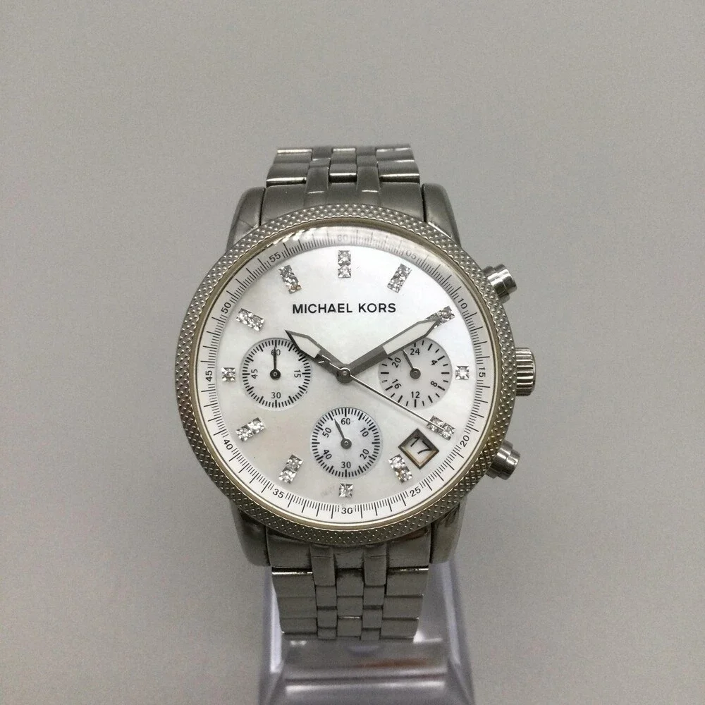 Michael Kors Womens Watch 36mm MOP Dial Stainless Chronograph New Battery 6.75